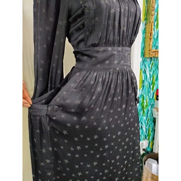 Max Studio Vintage Whimsy Goth Star Pattern Puff Sleeves Pleated Midi Dress M - Picture 5 of 16